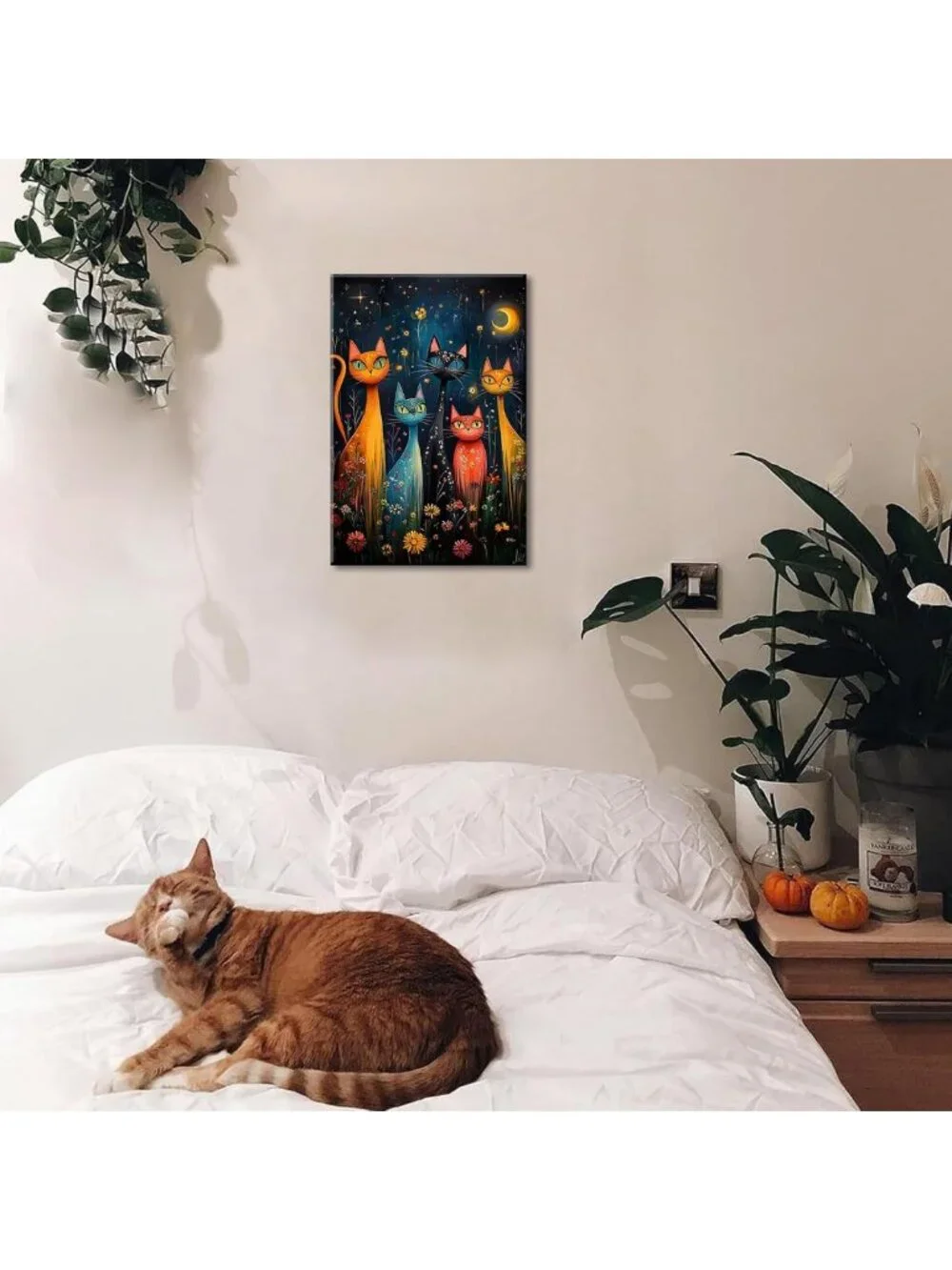 Colorful Cat Canvas Wall Art - Mystical Night Sky Decor for Bedroom & Dorm